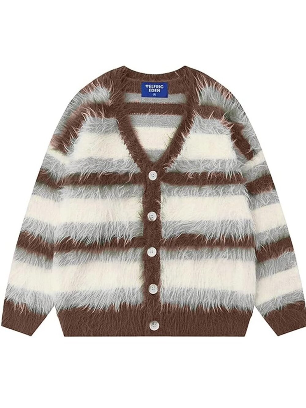 Color Blocking Striped Fuzzy Cardigan Crewneck Vintage Oversized Button Down